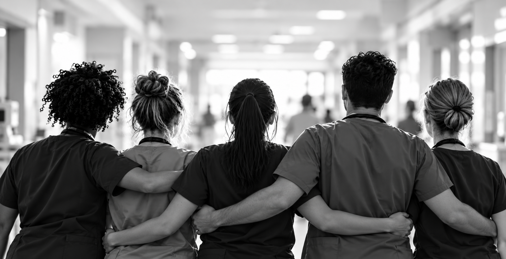 Healthcare professionals walking together in a hospital corridor